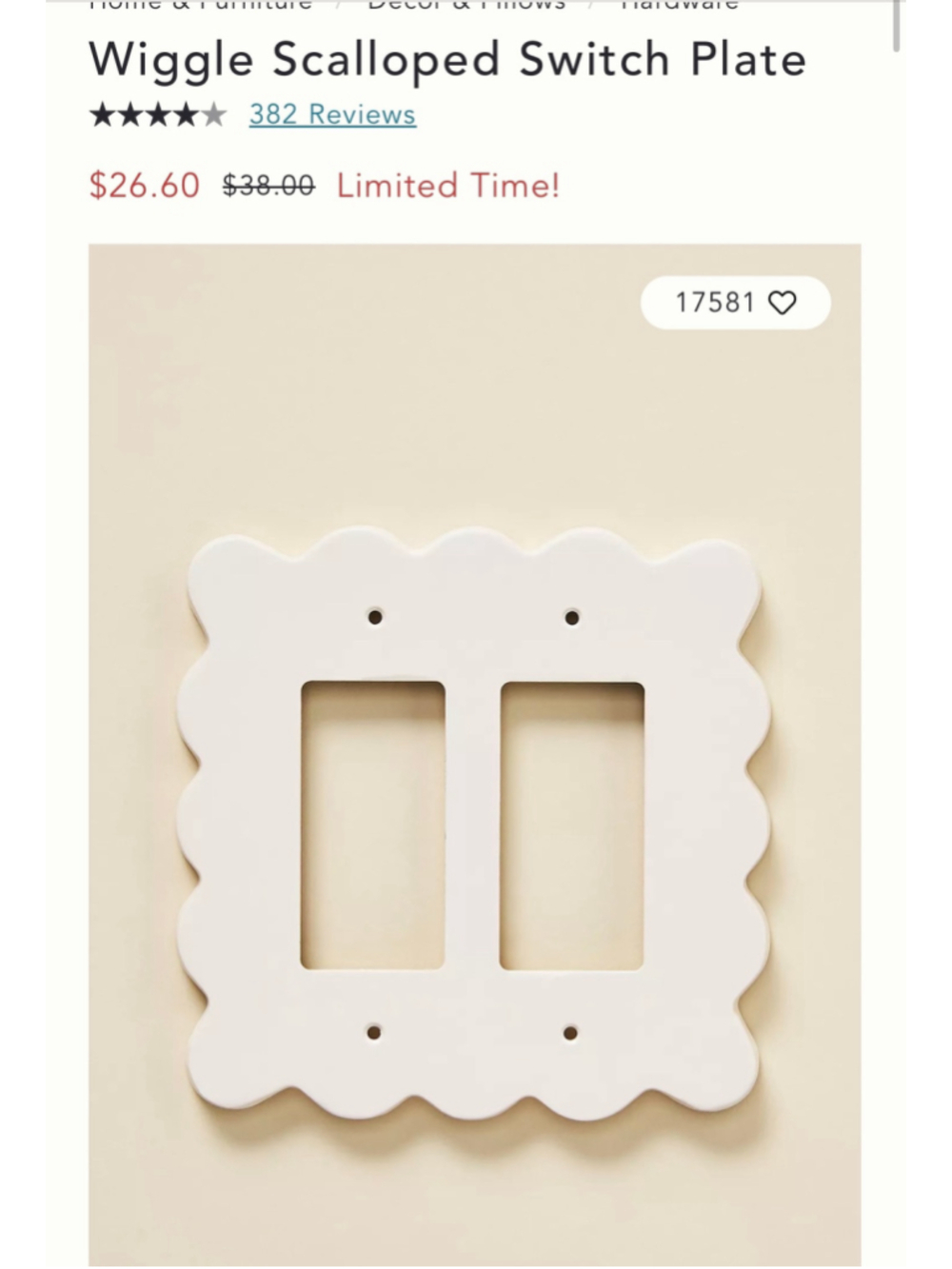 Anthropologie Wiggle Scalloped Double Rocker Switch Plate, One Size, Grey